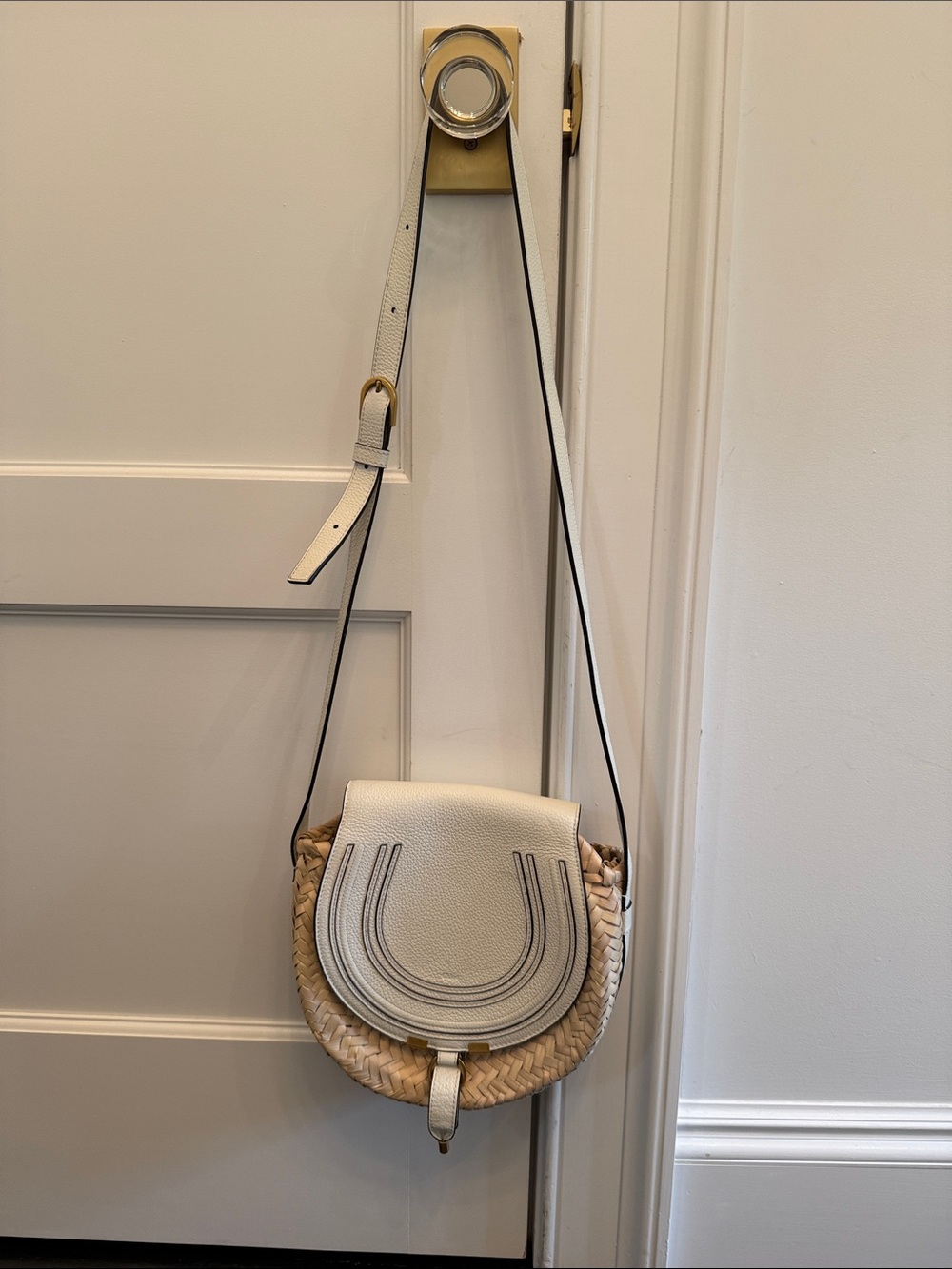 Chloe Woven Straw Crossbody Bag with Cream Leather Flap